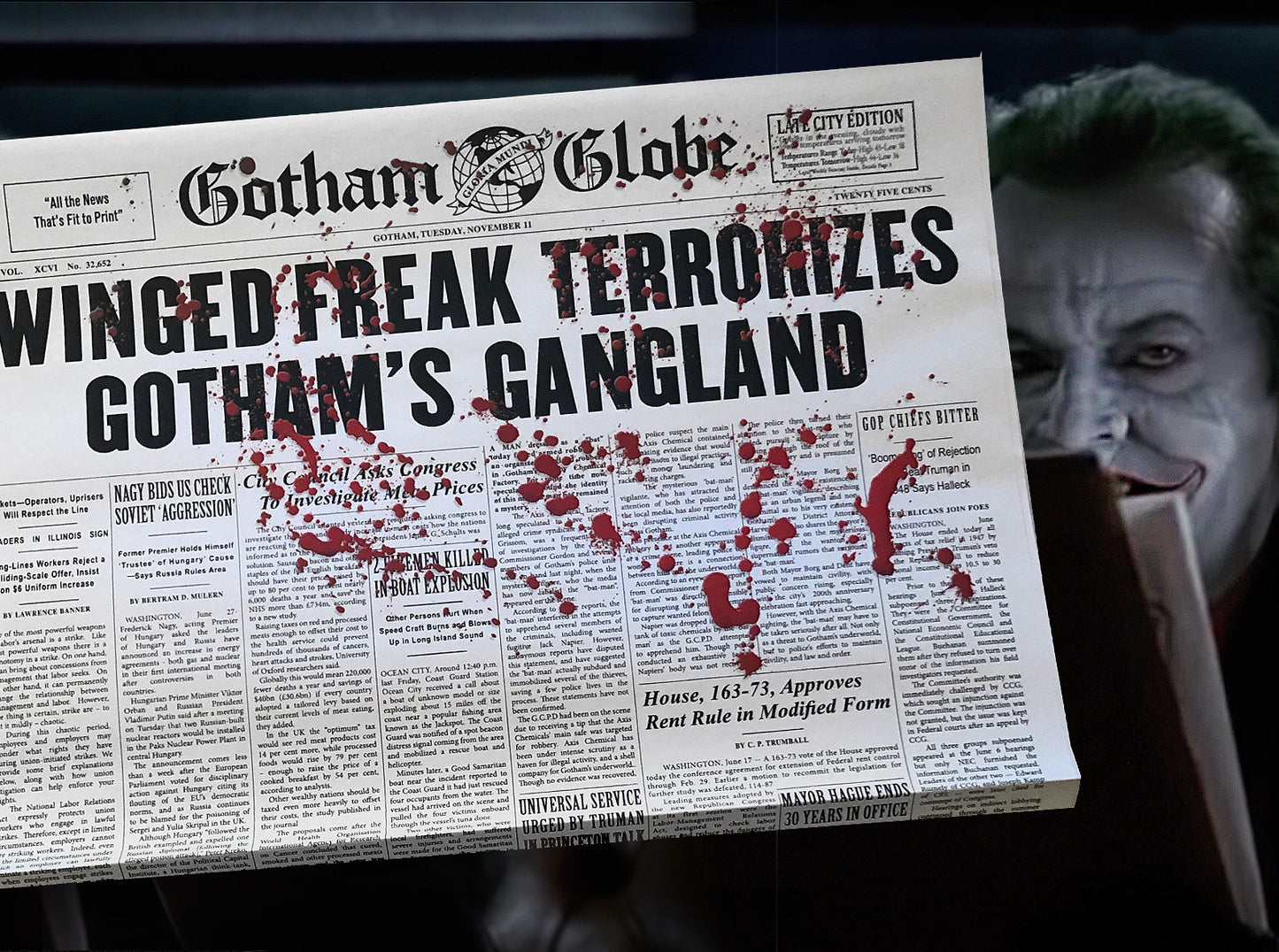 1989 Batman Winged Freak Bloody Newspaper Prop Replica - Joker - Gotham Globe - Michael Keaton