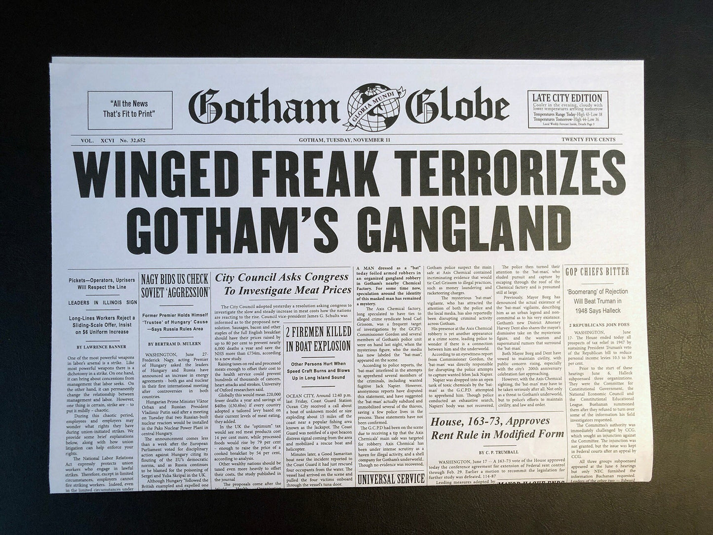 1989 Batman Winged Freak Newspaper Prop Replica - Gotham Globe - Michael Keaton