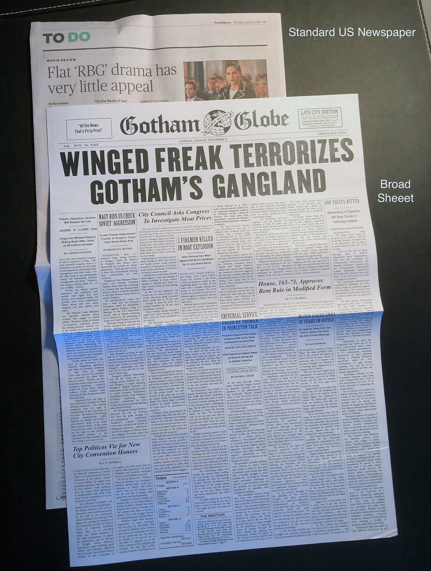 1989 Batman Winged Freak Newspaper Prop Replica - Gotham Globe - Michael Keaton