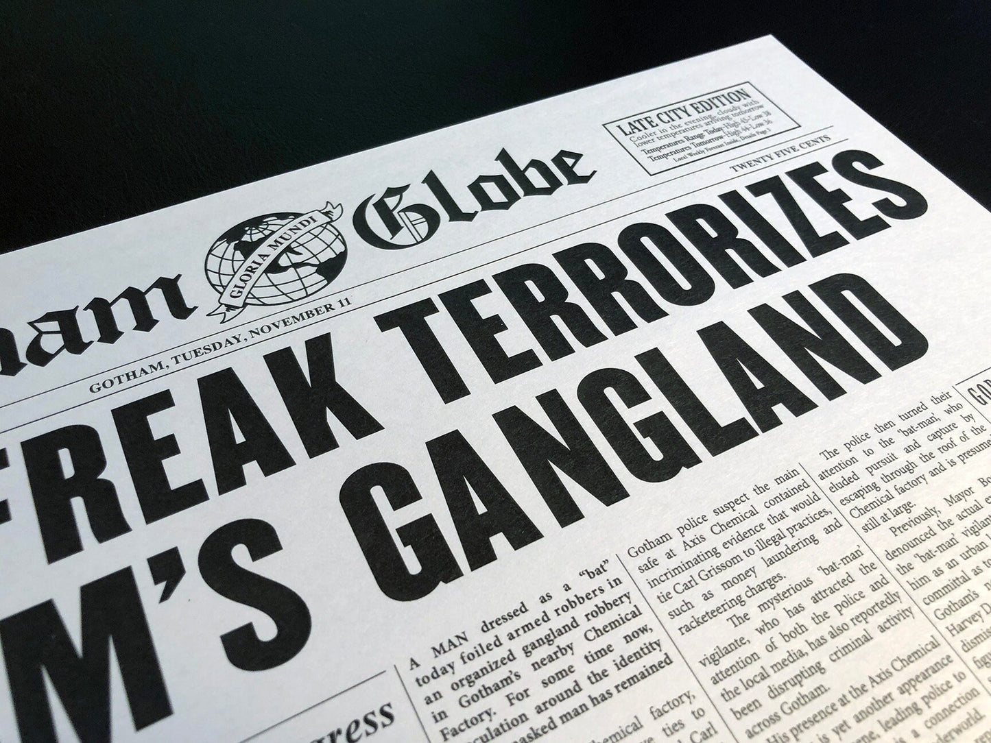 1989 Batman Winged Freak Newspaper Prop Replica - Gotham Globe - Michael Keaton