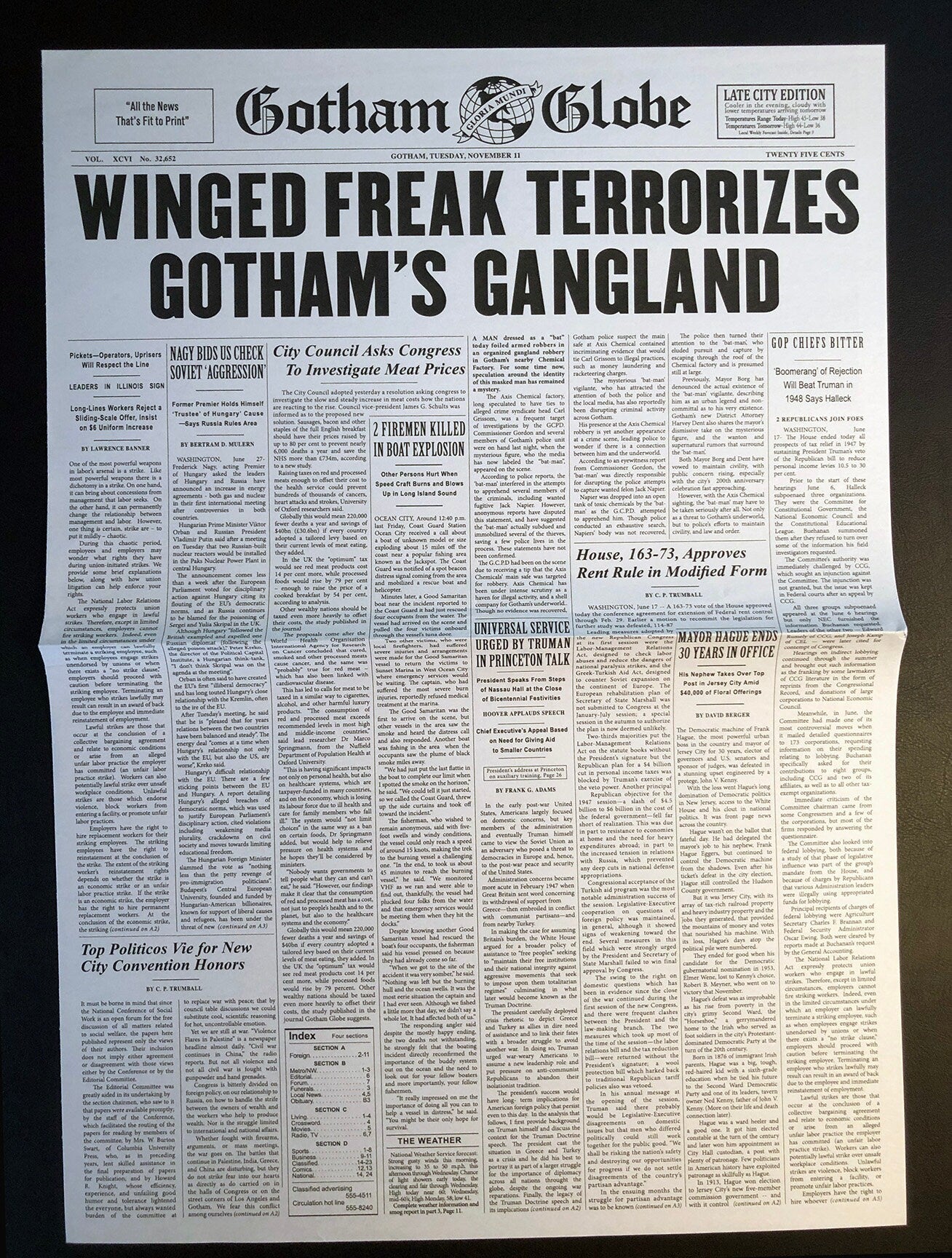 1989 Batman Winged Freak Newspaper Prop Replica - Gotham Globe - Michael Keaton