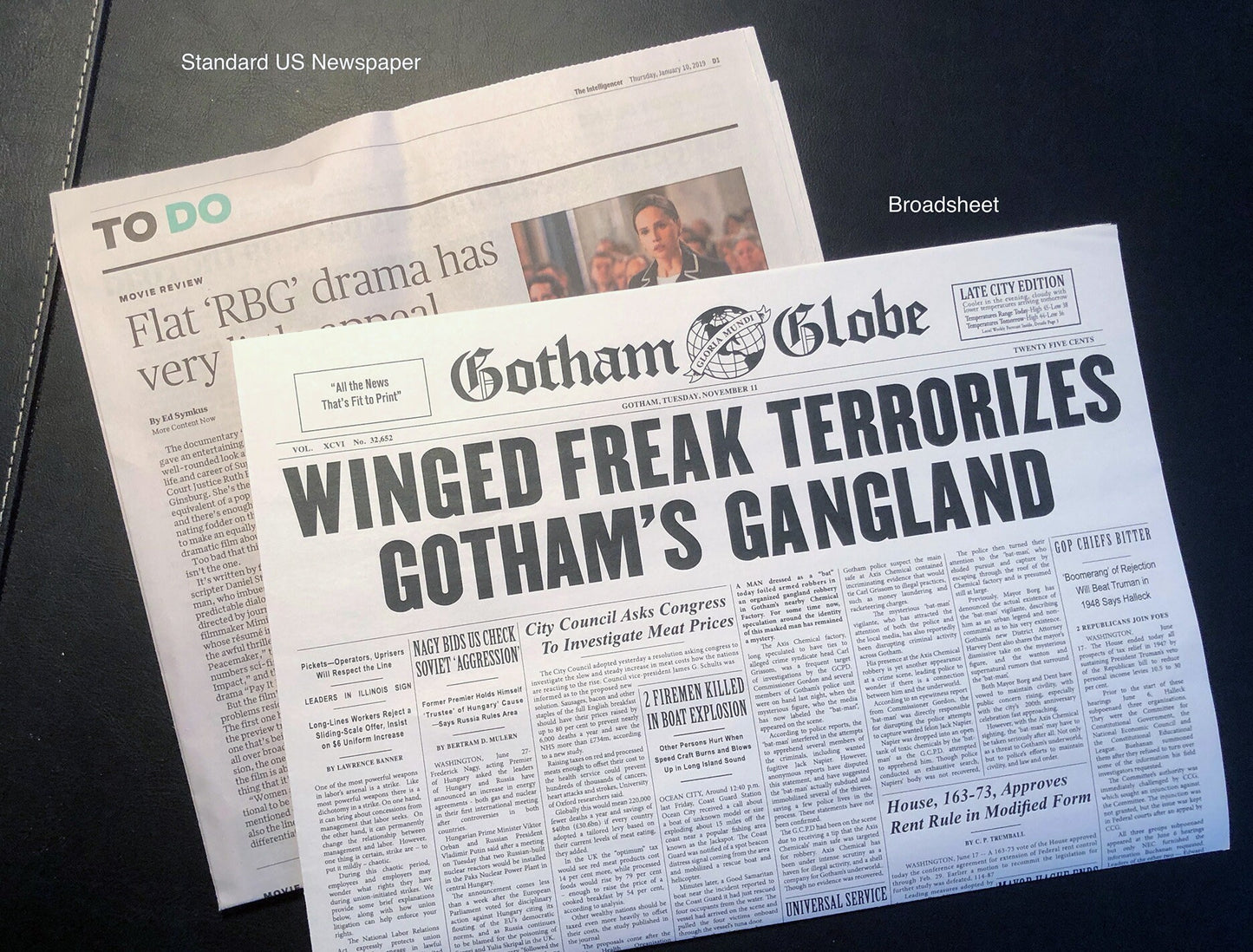 1989 Batman Winged Freak Newspaper Prop Replica - Gotham Globe - Michael Keaton