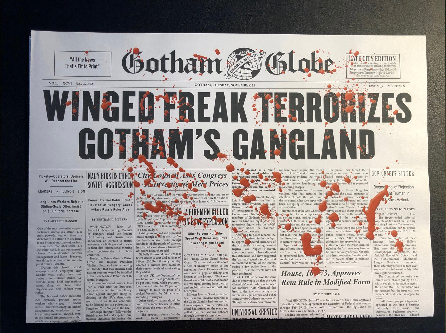 1989 Batman Winged Freak Bloody Newspaper Prop Replica - Joker - Gotham Globe - Michael Keaton