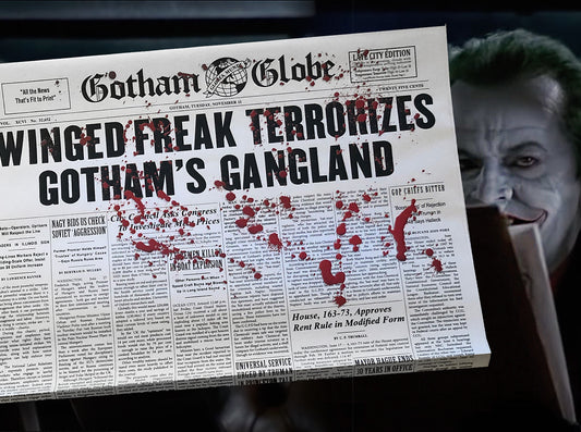 1989 Batman Winged Freak Bloody Newspaper Prop Replica - Joker - Gotham Globe -  Michael Keaton