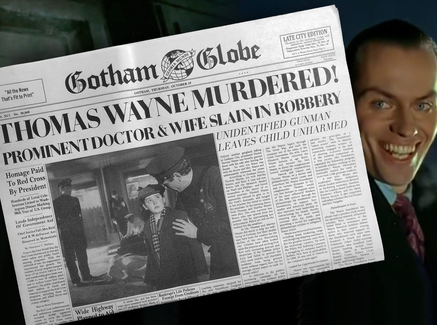 Batman-Thomas Wayne Murdered Newspaper - Prop Newspaper - Gotham Globe Replica - Michael Keaton - Joker - 1989 Batman Prop