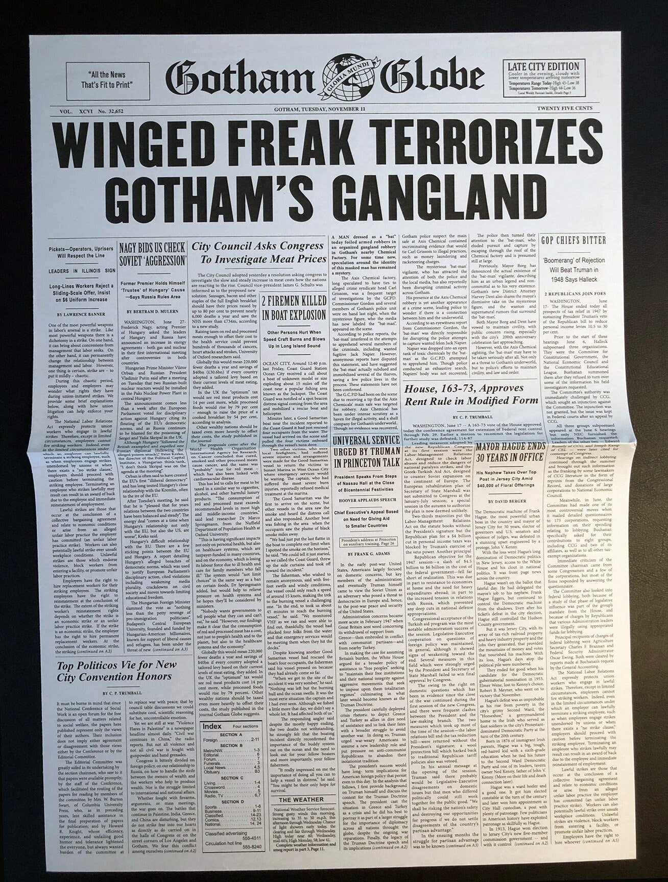 1989 Batman Winged Freak Newspaper Prop Replica - Gotham Globe -  Michael Keaton