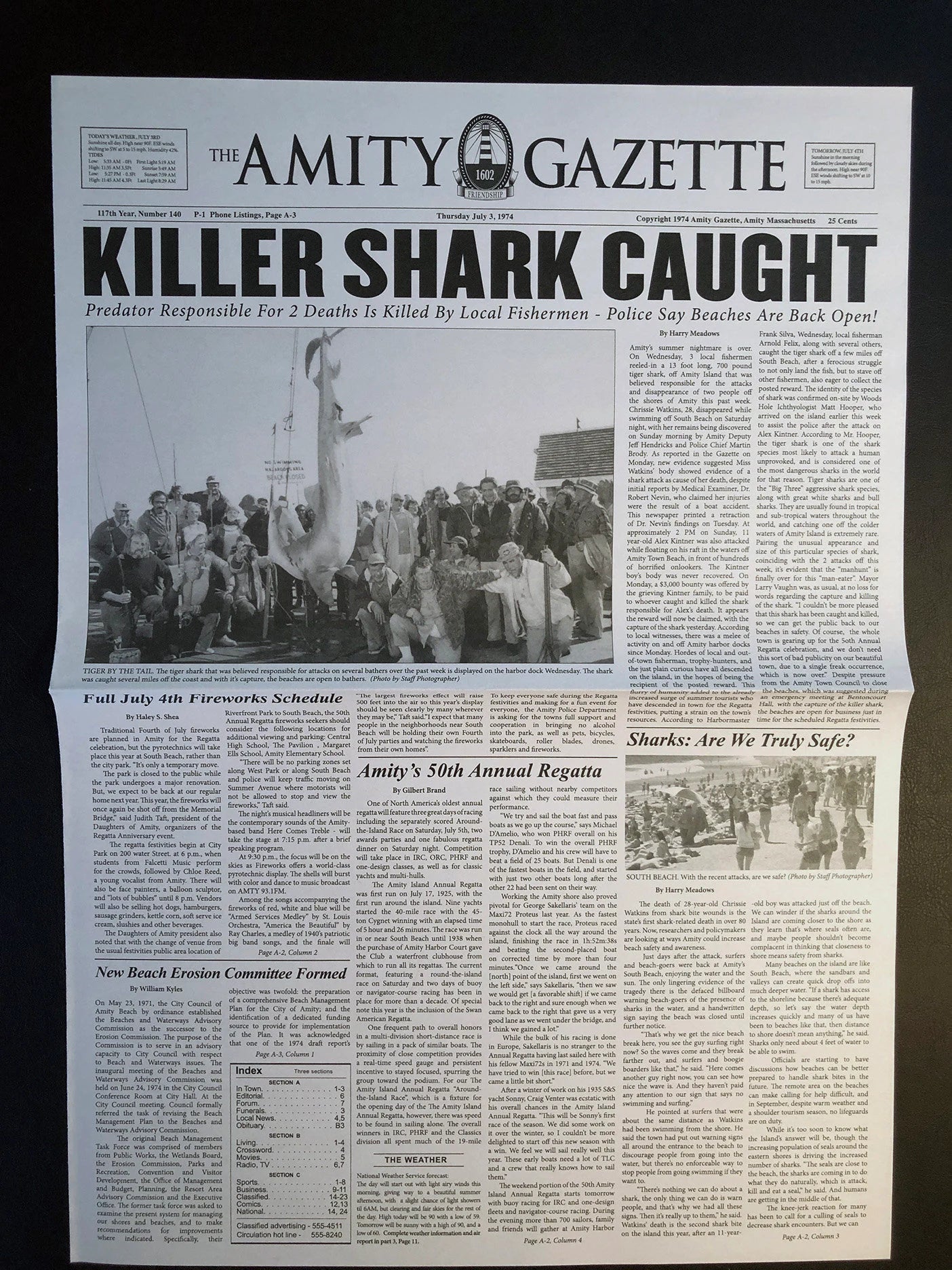 JAWS Killer Shark Newspaper Movie Prop, 1975 Jaws Memorabilia,  Amity Island 70's Retro 1970s Action Movies -Gifts for Him - DadGift