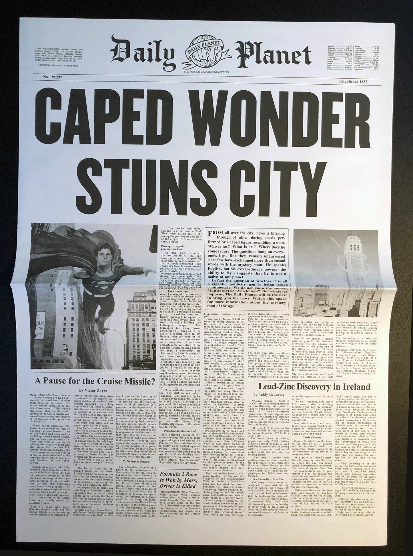 Superman Caped Wonder Stuns City Daily Planet Newspaper Replica - Christopher Reeve - Metropolis -