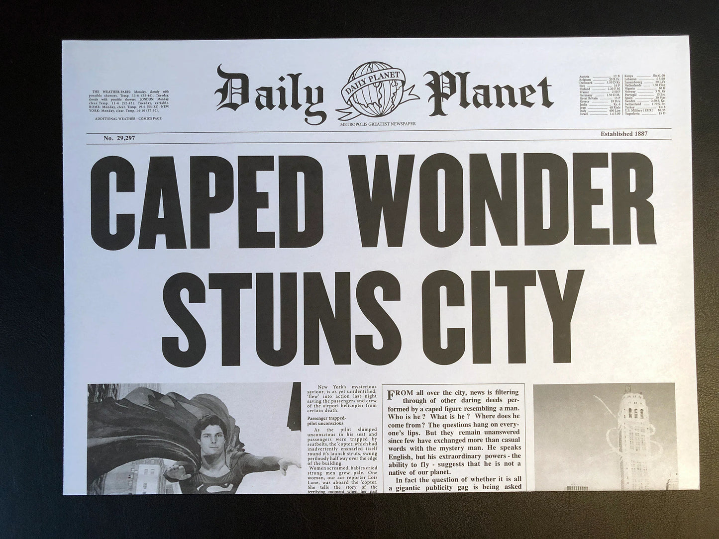 Superman Caped Wonder Stuns City Daily Planet Newspaper Replica - Christopher Reeve - Metropolis -